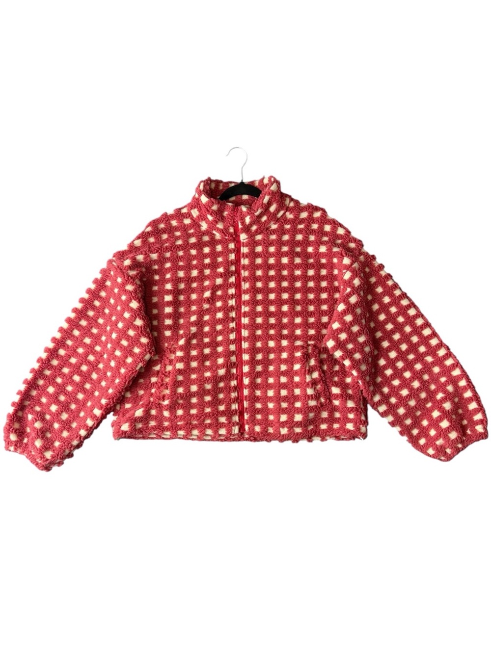 Textured Grid Checkered Sherpa Zip Jacket Pink Cream Oversized Cozy Cropped, L - Picture 2 of 15